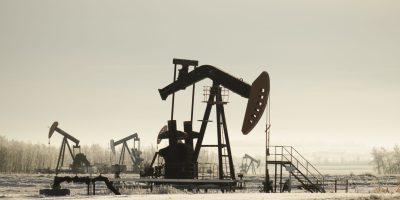 A field with oil pump jacks surrounded by greenery under sunlight